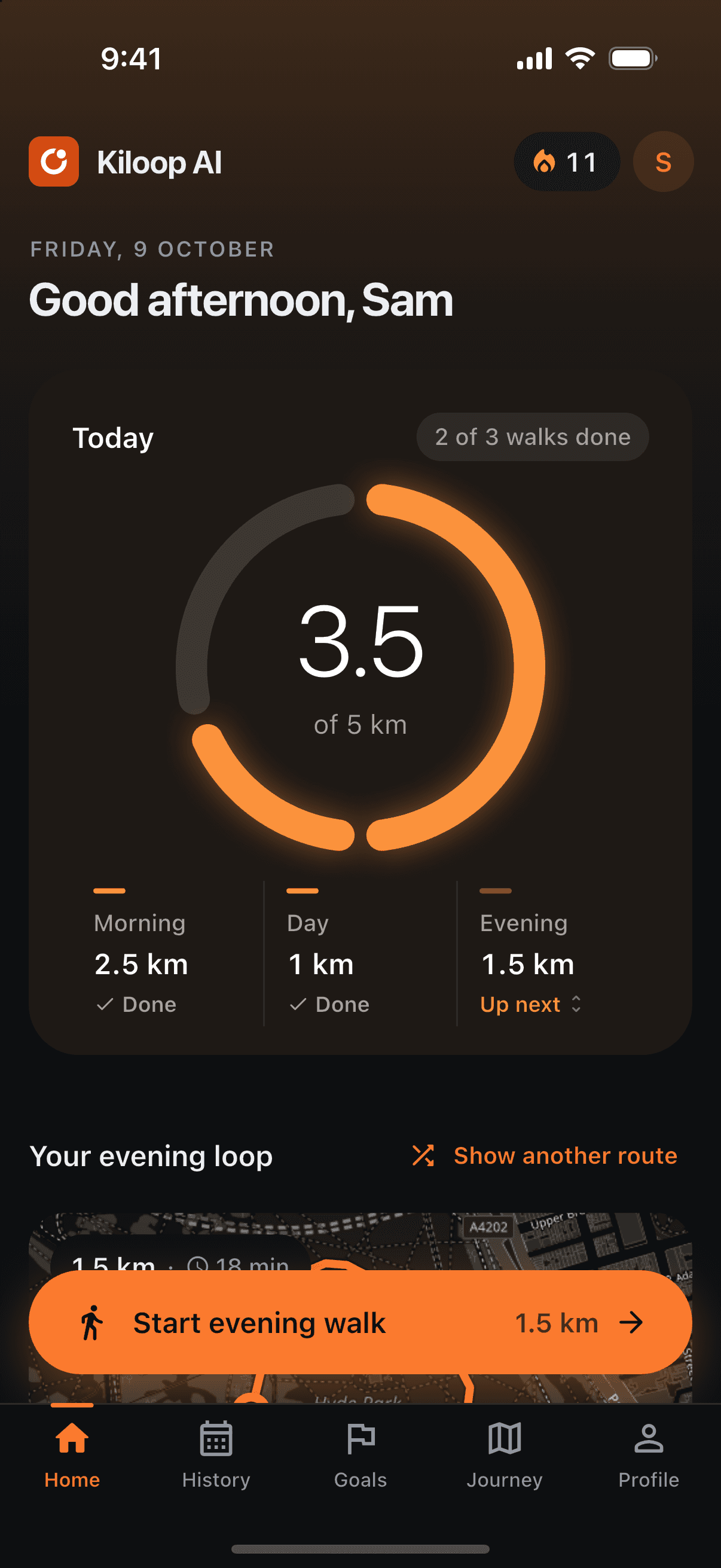 Kiloop home screen: today's progress ring and walks