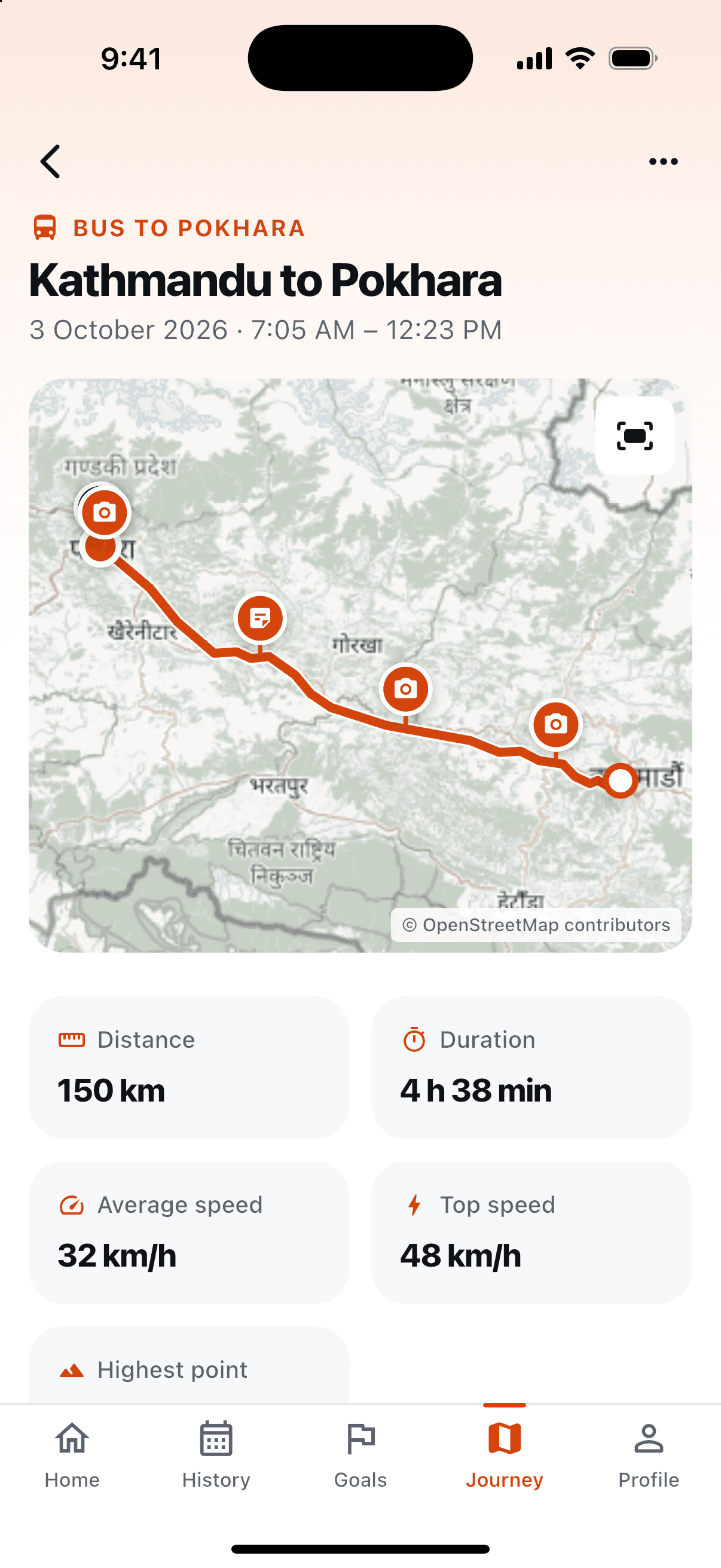 Kiloop journey screen with a route on a map